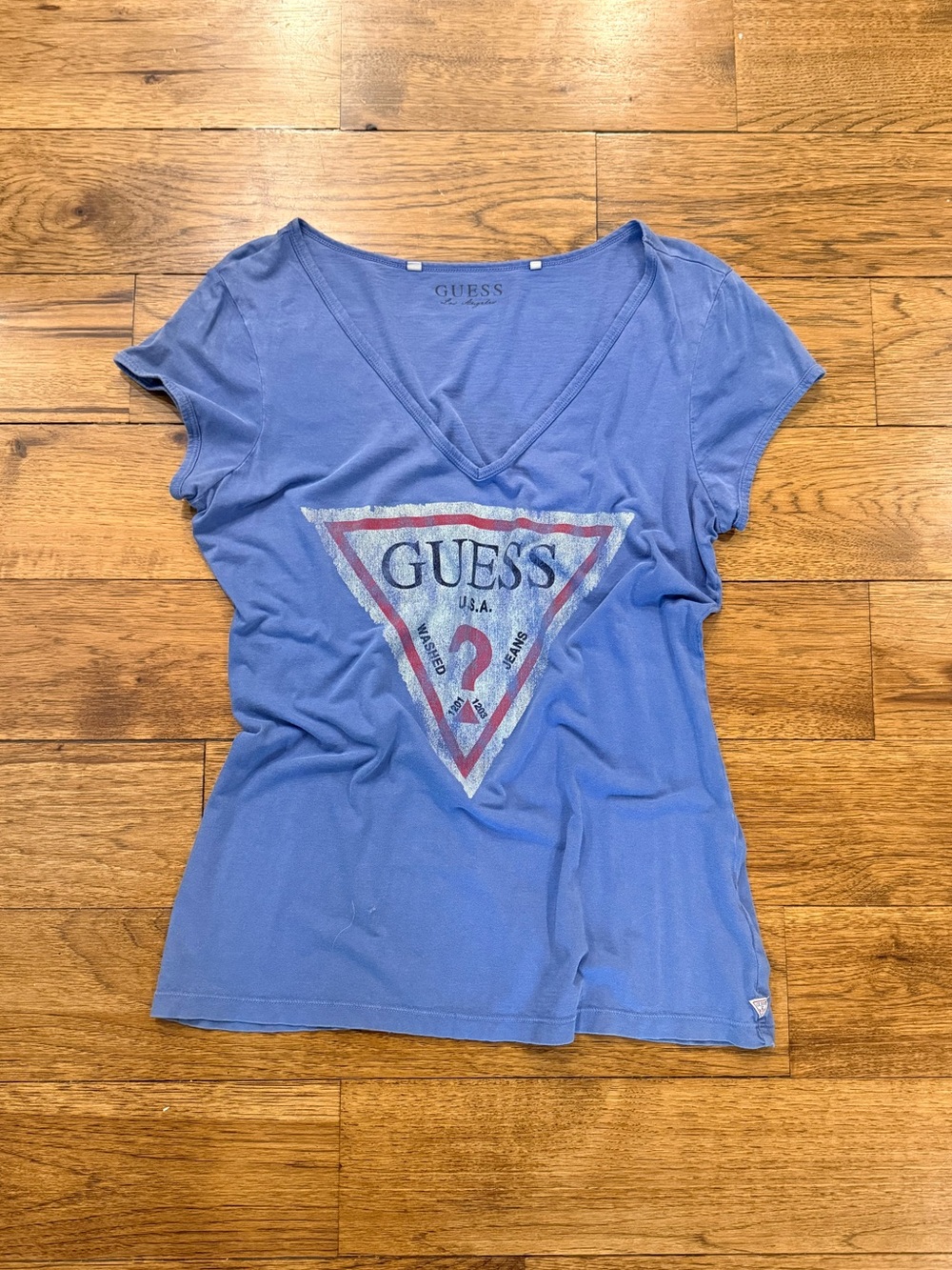 GUESS Women’s Distressed Style Blue V-Neck Logo T-Shirt